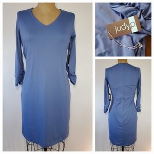 JudyP Size M NEW Blue Sheath Bodycon Midi Dress V-Neck Sleeves Stretch Comfy USA